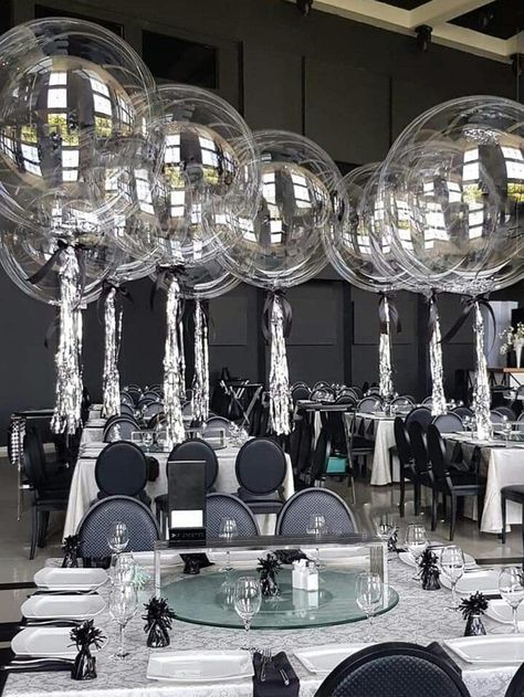 Clear Collar PC Embellished Event & Party Supplies Black And Silver Balloon Centerpieces, Silver Balloon Centerpieces, Silver Party Decorations, Dinner Party Table Settings, 25th Anniversary Party, Holiday Balloons, Clear Balloons, Prom Decor, Dinner Party Table