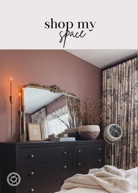 Tap to shop my moody feminine mauve small guest bedroom featuring an ikea dresser hack vintage fan Arhaus amelie mirror and Benjamin Moore Barberry wall paint. Mauve Bedroom Ideas Modern, Bedroom Mauve Walls, Bedroom Colours For Small Rooms, Barberry Benjamin Moore Bedroom, Dusty Rose Pink Bedroom, Dusty Pink And Black Bedroom, Mauve Master Bed, Brown Rose Bedroom, Guest Bedroom Moody