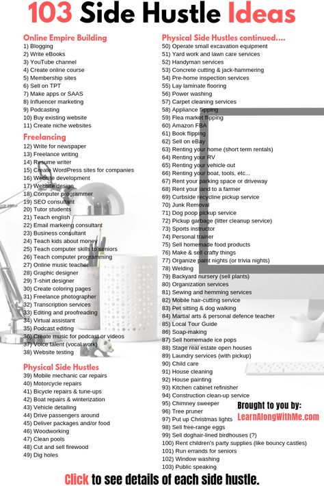 This massive inspirational list provides ideas so you can pick a side hustle and start earning extra money today. Don't worry that you can't do all of them! You'll find one that appeals to you. If you're worried about your skills then click to read the article and see some recommendations to improve your skills and knowledge. You can start building the life you dream of, and you can start now. Every marathon is started by taking that first step. Take your first step today and check this out. How To Build An Empire, Skills To Learn To Make Money, Laying Laminate Flooring, Business Acumen, Business Strategies, Create Online Courses, Ebook Writing, Thrifty Living, Out Of Debt