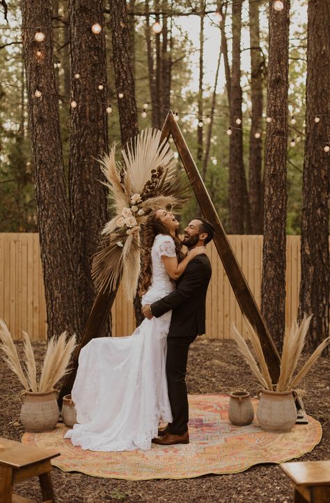 Boho Triangle Arbor, Triangle Arches Wedding, Wooden Arch Wedding Decor, Wooden Arches For Weddings, Triangle Arch Decor, Boho Arbor Wedding, Boho Wedding Arch Ideas, A Frame Wedding Arch, Wood Triangle Arch