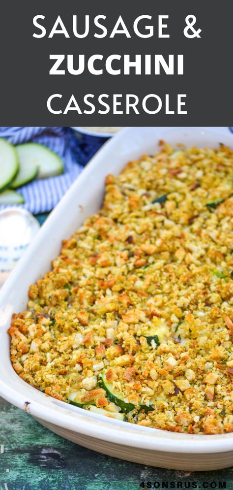 Sausage and zucchini casserole uses up all that garden fresh summer squash. This delicious dinner is comfort food you can feel good about serving to your family any day of the week. #casserole #casserolerecipe #recipe Zucchini Sausage Stuffing Casserole, Zucchini Sausage Casserole Recipes, Sausage Zucchini Recipes, Zucchini Sausage Casserole, Baked Summer Squash, Cheesy Zucchini Rice, Ground Sausage Recipes, Zucchini Rice, Summer Squash Casserole