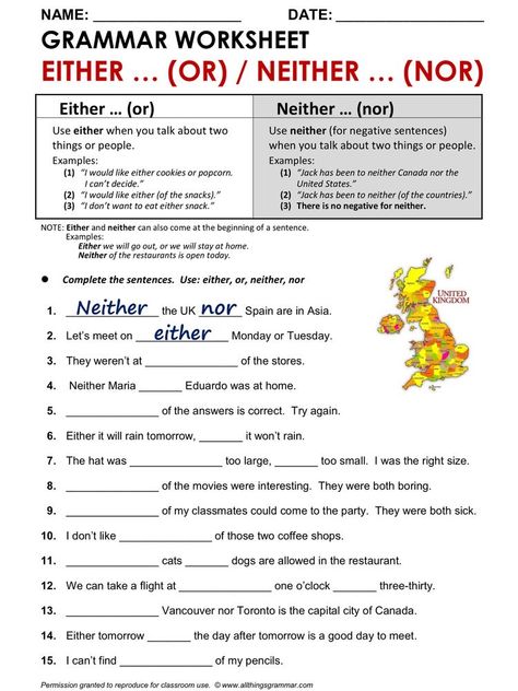 Neither Either Worksheet, Neither Nor Either Or, When And While Grammar Worksheet, Either Or Neither Nor Grammar, Either Or Neither Nor Worksheet, Neither Nor, To Too Two, English Grammar Exercises, English Grammar Rules