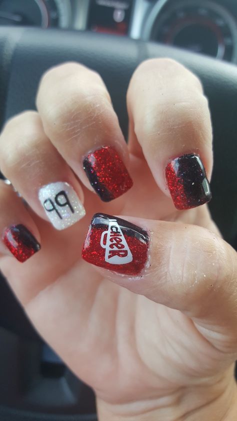 Cheer Mom Nails, Red White And Black Nails Ideas, School Spirit Nails Designs, Team Spirit Nails, Cheer Nails Designs, Cheerleading Nails Designs Cheer, Husker Football Nails, Red Football Nails, Red And Black Football Nails