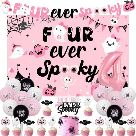 PRICES MAY VARY. You will receive: 1pc four ever spooky backdrop 3*5ft, 15pcs latex balloons 12inches(5 black, 5 pink, 5 white), 12pcs cupcake toppers, 1pc four ever spooky cake topper, 1pc pink number 4 foil balloon 32inches, 1pc four ever spooky birthday banner and 1 roll of white ribbons. Pink four ever spooky banner: The four ever spooky banner with cute boo pattern, is adorable and vivid; The banner is needed by yourself so you can hang it anywhere you like; This birthday banner is perfect Fourth Birthday Halloween Theme, Spooky Third Birthday, 4 Ever Spooky Birthday, 4 Themed Birthday Party Girl, Four Ever Spooky, Fourever Spooky Birthday, Four Birthday Theme Girl, Four Ever Spooky Birthday Party, Halloween 4th Birthday Party