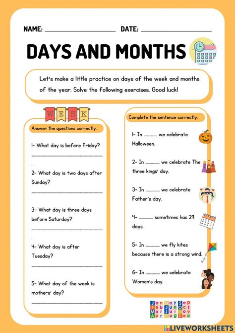 Days and months practice worksheet Month And Days Worksheet, Days And Months Worksheets, Days Worksheet, Month Worksheet, Months In English, Teach English To Kids, English Lesson Plans, Days And Months, Phonics Reading