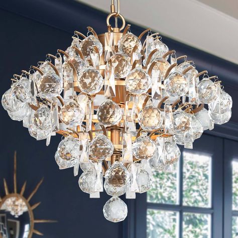 The 3-Light bubble chandelier by Uolfin Lighting combines the modern gold frame with unique crystal balls and prisms, giving a shining glam and elegant touch. From the powder room to the dressing room, this crystal powerhouse is a light you'll love. Beaded chandelier(s) is compatible with 3 max 40-Watt base E12 bulbs (not included). This art deco chandelier can be suitable for different ceilings and heights. Perfect for your glam, elegant, traditional, transitional, and modern spaces. And the mo Contemporary Crystal Chandelier, Orb Chandelier, Crystal Orb, Led Crystal Chandelier, Kitchen Island Chandelier, Modern Crystal Chandelier, Empire Chandelier, Island Pendant Lights, Kitchen Island Lighting Pendant