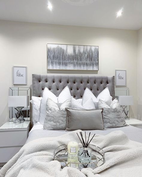 Silver Headboard, White And Silver Bedroom, Headboard Bedroom, Glam Bedroom Decor, Silver Bedroom, Glam Bedroom, Classy Bedroom, Grey Headboard, Guest Bedroom Decor