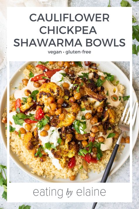 Cauliflower Schwarma Bowl, Middle Eastern Bowl Recipes, Middle Eastern Bowl, Vegetarian Middle Eastern Dishes, Cauliflower Tzatziki Bowls, Vegan Street Food, Middle Eastern Vegetarian Recipes, Chickpea Shawarma, Vegan Tzatziki Sauce