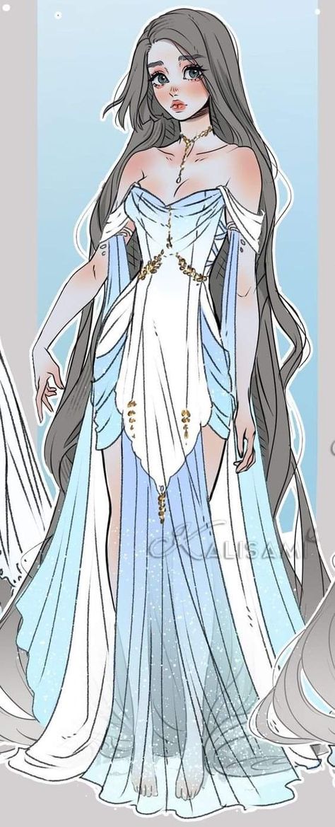 Fairy Oc Female, Evil Queen Drawing Character Design, Goddess Oc Outfit, Queen Clothes Drawing, Fantasy Dress Drawing Queens, Celestial Witch Art, Atlantis Outfit Ideas, Cloud Dress Drawing, Water Themed Outfits Drawing