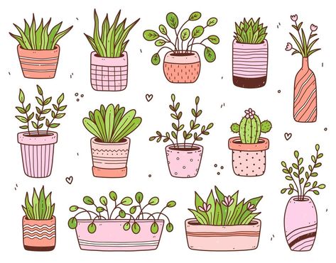 Cute Pot Plant Drawing, Plant Decor Drawing, Doodle Plants Flower, Pot Flowers Drawing, Potted Flower Drawing, Cute Flower Pot Drawing, Plant Pot Illustration, Plant In Pot Illustration, Flower In A Pot Drawing