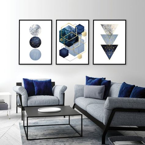 Navy Blue And Grey Living Room, Navy Blue Living Room, Teal Wall Art, Blue Living Room Decor, Boho Painting, Blue Couches, Teal Walls, Geometric Prints, Blue Living Room