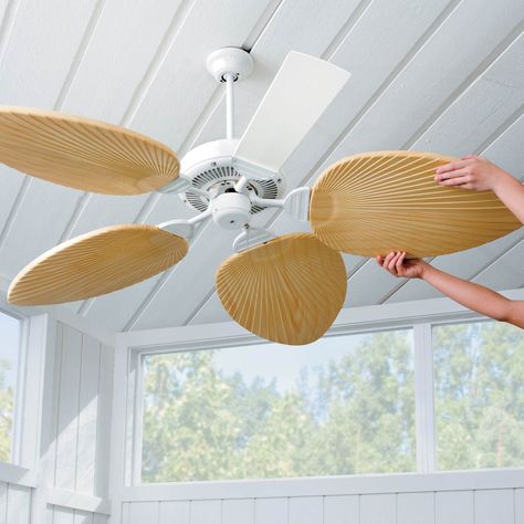 Love the look of a tropical ceiling fan but don't want to buy a whole new fixture? Now you can get the look of a palm leaf ceiling fan just by covering your standard fan blades with these palm blades! Beach Ceiling, Ceiling Fan Blade Covers, Tropical Ceiling Fans, Leaf Ceiling, Decorative Ceiling Fans, Popular Interior Design, Ceiling Fan Blades, Florida Room, Beach Room