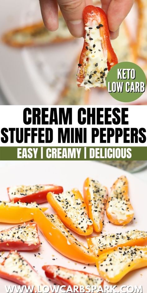 These Cream Cheese Stuffed Mini Peppers are a perfect appetizer for parties and weekend gatherings. The peppers are filled with cream cheese and topped with Everything Bagel Seasoning for an irresistible keto snack! via @lowcarbspark Keto Mini Peppers, Keto Sweet Peppers With Cream Cheese, Green Pepper Dip Cream Cheese, Everything Bagel Stuffed Mini Peppers, Peppers With Cream Cheese And Everything Bagel Seasoning, Cream Cheese Vegetables, Keto Stuffed Peppers Cream Cheese, Pepper Cream Cheese Everything Bagel, Everything Bagel Peppers