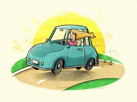 Car Driving Illustration, Car Driving Drawing, Cute Car Illustration, Driving Drawing, Car Cartoon Illustration, Driving Illustration, Drive Drawing, Woman Driving Car, Drive Illustration