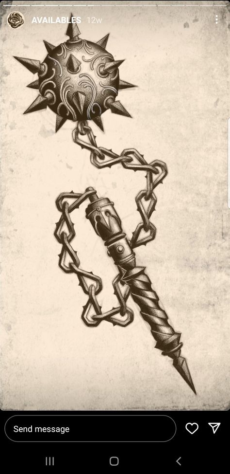 Flail Tattoo Drawing, Medieval Drawing Reference, Shackles Tattoo, Skull Flail Tattoo, Meteor Hammer Tattoo, Flail Tattoo Design Traditional, Mace Drawings, Chain Mace Tattoo, Mid Evil Tattoos