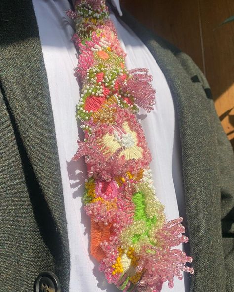 Embroidery On Suits, Beaded Clothes, Tie Embroidery, Beaded Clothing, Treehouse Wedding, Beads Inspiration, Beaded Tie, 2023 Pink, Embroidery Beads