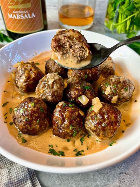 Meatballs With Veal Pork And Beef, Sauce For Meatballs And Rice, Sauce For Meatballs Easy, Creamy Marsala Sauce, Meatball Cream Sauce, Meatballs Creamy Sauce, Cream Sauce For Meatballs, Turkey Meatballs Cream Sauce, Meatballs In Cream Sauce Recipe