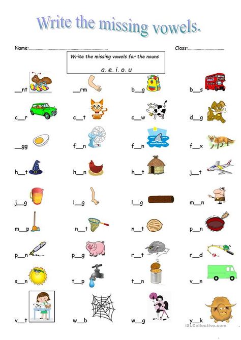 English Worksheet For Class 1 Vowels, One Many English Worksheet, Missing Vowels Worksheet Free, Missing Vowel Worksheet, Vowels Worksheet, Vowel Practice, Cvc Words Kindergarten, Kindergarten Phonics Worksheets, English Worksheets For Kindergarten