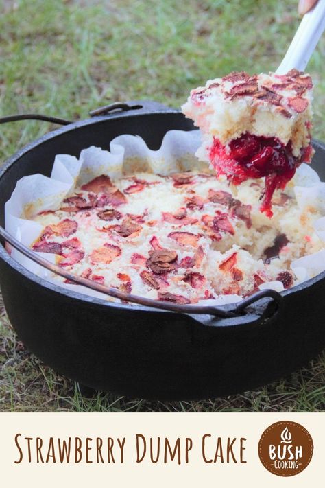 This camping favorite is an easy-to-make dessert that uses the traditional dump cake method, meaning few ingredients and little work. The result is a light cake on top of a rich strawberry base. #bushcooking #strawberry #dumpcake #dessert #campcooking # dutchoven Campfire Dutch Oven Recipes, Dutch Oven Desserts, Strawberry Dump Cake, Campfire Cake, Dutch Oven Camping Recipes, Campfire Desserts, Dutch Oven Camping, Camping Desserts, Dump Cakes