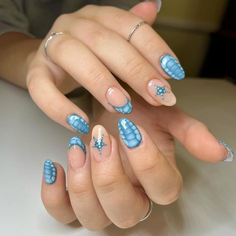 Summer nails for Finley! 🐋🌊🦈 - - - - - - - - - -#almondnails #nailart #nailartist #summernails #bluenails #aestheticnails #prettynails #cutenails #bluenailsdesign Mexico Nails, Blue Summer Nails, Hawaii Nails, Inspo Fits, Summery Nails, Cute Acrylic Nail Designs, Basic Nails, Casual Nails, Really Cute Nails