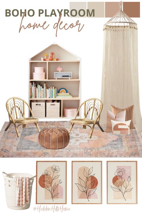 Boho kids playroom decor ideas with woven rattan chairs, a boho canopy, and boho artwork prints Bohemian Playroom, Boho Playroom, Decor Mood Board, Woven Chairs, Moody Living Room, Kids Playroom Decor, Woven Chair, Teen Bedroom Decor, Playroom Decor