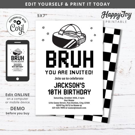 Bruh VR Game Birthday Party Invitation Digital Invite Printable File Editable Template Vr Themed Birthday Party, Vr Birthday Party, Vr Birthday Party Ideas, Birthday Gift Bags, 10th Birthday Parties, Birthday Games, You Are Invited, 8th Birthday, Party Printables