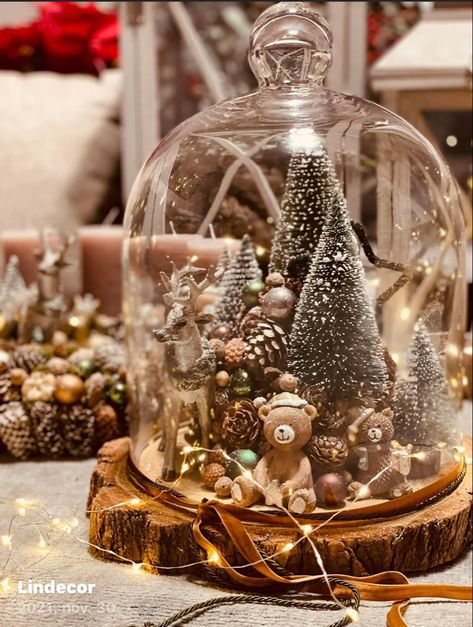 Christmas Dome Displays, Cake Dome Decor Display, Christmas Cloche Ideas, Christmas Fairy Garden, Cloche Decor, Ideas Christmas Tree, Christmas Globes, Diy Christmas Tree Topper, Flocked Christmas Trees Decorated