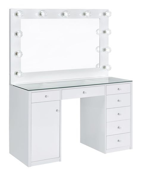 PRICES MAY VARY. 46.5 inches wide x 18.5 inches deep x 61.5 inches high The epitome of Hollywood glam, this vanity will be the perfect upgrade for any home Modern white finish matched fantastically with crystal knobs Features seven drawers with full extension glides and a storage cabinet with an adjustable shelf Vanity Set With Lights, Glass Top Vanity, Bedroom Vanities, Bedroom Vanity Set, Glam Office, Desk Vanity, Closet Vanity, Purple Room, Dream Bedrooms