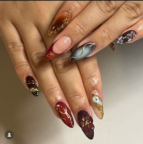 Funky Nails Fall, Y2k Nails Almond, Baddy Nails, Monarch Nails, Y2k Designs, Boho Nails, Punk Nails, French Manicures, Colorful Nail