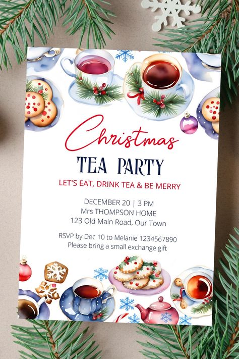 Christmas tea party template invitation instant download watercolor tea cups and sauces cookies snow Christmas Tea Party Invitations Printable, Christmas Tea Invitations Free, Christmas Themed Tea Party, Christmas Tea Party Invitations, Christmas Tea Set, Kids Christmas Tea Party, Christmas Afternoon Tea Ideas, Yule Tea, Tea Party Template