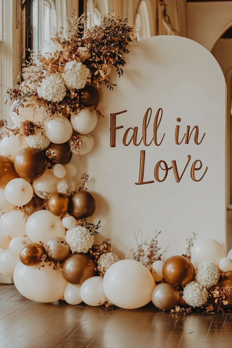 Boho Fall Wedding Shower Decorations, Fall In Love Theme Engagement Party, Fall Engagement Decor, Neutral Fall Bridal Shower Decor, Pumpkin Bachelorette Party, Fall Wedding Balloon Arch, Bridal Shower Ideas For Fall, Bridal Shower Themes October, Fall In Love Shower Theme