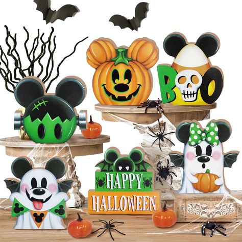 PRICES MAY VARY. Halloween Tiered Tray Decorations Set: Our Halloween tiered tray decor includes 13 pcs different style wooden signs: 1 x cartoon mouse ghost sign, 1 x cartoon mouse ghost holding a pumpkin sign, 1 x mouse shaped Jack O Lantern pumpkin sign, 1 x cartoon mouse shaped sign, 1 x "Boo" egg sign, 1 x "HAPPY HALLOWEEN" bat sign, 3 x spider decor, 3 x orange pumpkin decor, 1 x spider web. The Halloween tray decor will give you a funny atmosphere on Halloween. The tiered tray is NOT incl Decor For Table, Halloween Table Centerpieces, Halloween Tiered Tray Decor, Green Ghost, Jack O Lantern Pumpkin, Rustic Table Decor, Halloween Table Decorations, Signs Funny, Pumpkin Sign