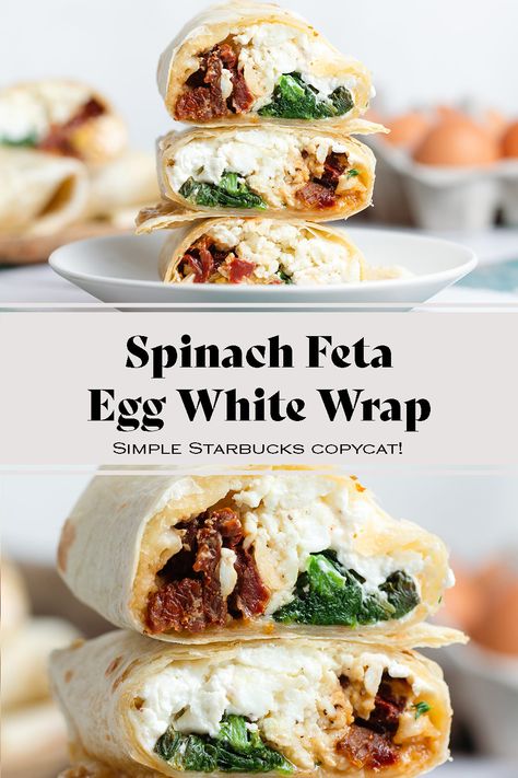 This Starbucks Copycat Spinach Feta Egg White Wrap is easy to make, great for meal prep, and delicious! This healthy balanced breakfast is freezer-friendly and it will keep you full for hours! It's better for you than Starbucks, cheaper, and so much more delicious because it's homemade! Spinach Feta Egg White Wrap, Healthy Balanced Breakfast, Spinach Feta Egg, Recovery Meals, Egg White Wraps, Pesto Tortellini Salad, Egg White Breakfast, Egg Whites Wrap, Lemon Blueberry Pancakes