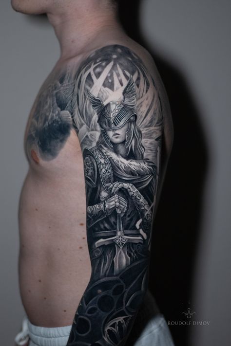 Tattoo uploaded by Roudolf Dimov • - Female Knight - • https://www.roudolfdimovart.com/ Knight Tattoo Sleeve, Lotr Sleeve Tattoos, Female Knight Tattoo, Knight Tattoo Medieval, Elden Ring Tattoo Ideas, Medieval Tattoo Sleeve, Medevil Tattoo Designs, Knights Tattoo, Tattoo Knight