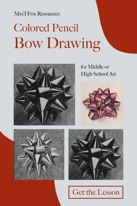 Bring out the budding artist in your middle or high school student with this fun and easy colored pencil bow drawing lesson. With step-by-step instructions, your students will learn how to create the perfect bow with colored pencils. Plus, the lesson plans cover everything from basic shading techniques to blending, making it perfect for any level of artist. Don't wait, download the lesson today and let your student's creativity soar! Middle School Drawing Lessons, High School Drawing, Bow Drawing, Teaching Drawing, Bow Art, High School Art Lessons, Drawing Lessons For Kids, 8th Grade Art, Art Lessons Middle School