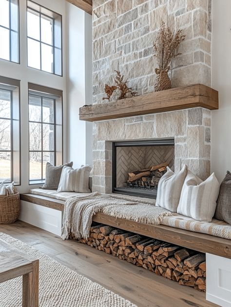 🔥 Cozy Farmhouse Fireplace Ideas You’ll Love! 🏡✨ - Wooden Chimney Ideas, Southern Fireplace Ideas, Kitchen Fireplace Ideas Farmhouse Style, Fireplace Wall With Bench Seating, Fireplace Log Storage Built In, Walls Next To Fireplace Decor, Fireplace With Large Hearth, Fireplace Scandinavian Style, Build A Fireplace In Your Home