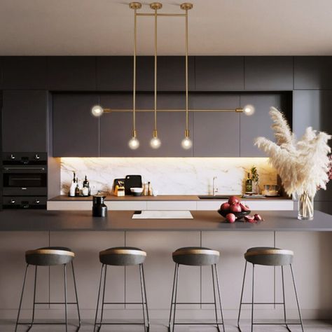 Mercer41 Fortenberry 5 - Light Kitchen Island Linear Pendant & Reviews | Wayfair Island Linear Lighting, Wooden Divider, Mid Century Modern Kitchen Design, Gold Hanging Lights, Gold Pendant Lighting, Kitchen Interiors, Kitchen Island Linear Pendant, Modern Kitchen Island, Light Kitchen Island