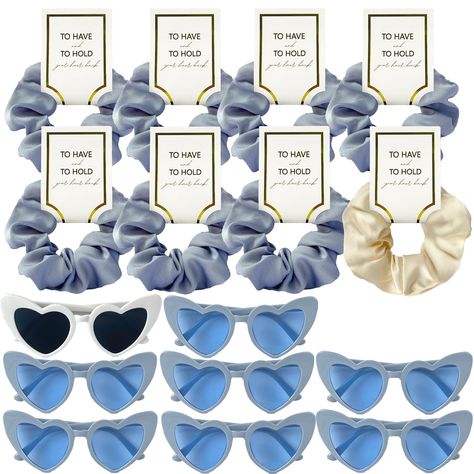 PRICES MAY VARY. High quality Hair elastic scrunchy and heart sunglasses with a card"to have and to hold Your Hair Back" Exquisite bronzing decorative cards is very cute! The addition of Sage Green hair rings and glasses makes your bachelor party more vibrant! Bridesmaid hair ties make of satin fabric with good texture, durable, stretchable, and soft. These hair ties double as charming bracelets, making them a versatile and adorable gift for your girls. The bride glasses are mainly made of quali Tiffanys Bachelorette Party, Something Blue Bachelorette Party, Bride Glasses, Blue Bachelorette, Bride With Glasses, Bachelorette Sunglasses, Bach Weekend, Bracelets Making, Bridal Tea Party