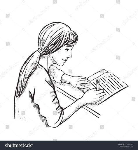 Girl Studying Drawing Sketch, Girl Outlines, Side View Drawing, Writing Outline, Girl Writing, Presentation Ideas, Working Drawing, Hand Drawn Vector Illustrations, Pen Sketch