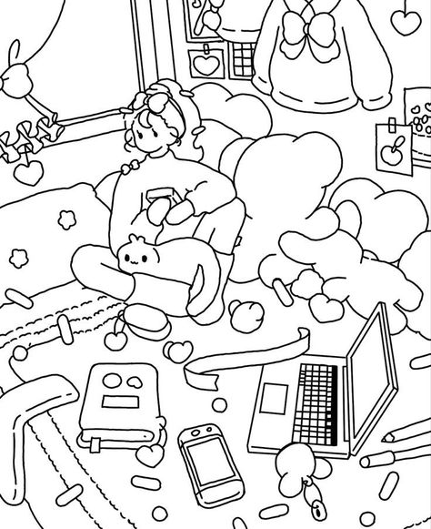 Aethstetic Coloring Pages, Coloring Pages Cottagecore, Charibo Art Coloring Pages, Korean Coloring Pages, Pretty Coloring Pages, Aesthetic Coloring Sheets, Cute Aesthetic Coloring Pages, Charibo Art, Y2k Coloring Pages