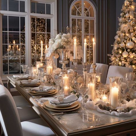 Create a Winter Wonderland with Christmas Dining Room Decor • 333+ Images • [ArtFacade] Winter Dining Room, Christmas Dining Decor, Christmas Dining Room Decor, Elegant Tablescapes, Contemporary Candles, Antiqued Candle Holders, Christmas Dining Room, Antique Candles, Holiday Dinners