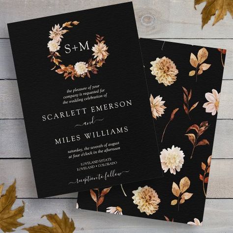 $2.04 | Black Fall Terracotta Monogram Wreath Wedding #wedding invitation, rustic monogram wedding, fall autumn wedding, bride and groom initials, botanical venue name wedding, burnt orange terracotta leaves, rust copper brown flowers, rustic fall wedding invites, fall foliage, classic black wedding Black Terracotta Wedding, Black And Rust Wedding, Black And Tan Wedding, Black Brown Wedding, Black Rustic Wedding, Rustic Autumn Wedding, Autumn Romance, Fall Or Autumn, Rusting Wedding