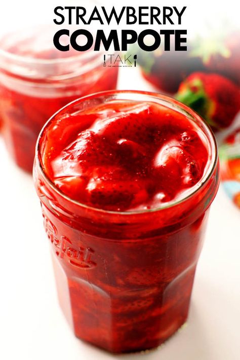 An overhead shot of a small clear jar of strawberry compote. Compote For Cheesecake, Ice Cream Cakes, Compote Recipe, Coconut Muffins, Strawberry Compote, Berry Dessert, Fruit Compote, Cream Cakes, Breakfast Pastries