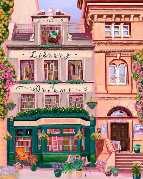 The Library of Dreams ✨📚 because we all love to get lost in a good book and dream of better places (unless you read crime, you crazy people!) 🌸🩷 Ipad Makeover, Dreams Illustration, Library Illustration, Lover Illustration, Dream Illustration, Dreams Art, Room Stickers, Shop Front, Tea Art