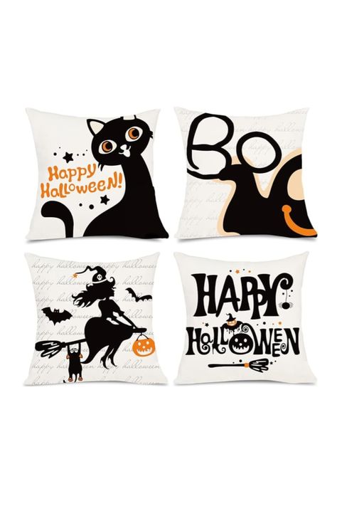 CCINEE Halloween Decor Pillow Covers, 18x18 Set of 4 Farmhouse White Black Witch Cat Boo Ghost Indoor Outdoor Fall Pillows Decorative Throw Cushion Case for Home Sofa Couch Halloween Pillow Case, Halloween Pillows Covers, Happy Halloween Witches, Happy Hat, Black Witch, Halloween Pillows, Witch Cat, Spooky Designs, Ghost Design