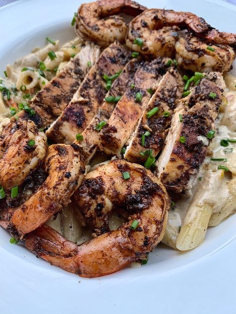 Jerk Chicken & Shrimp Alfredo - Yel's Kitchen Yel's Kitchen Jerk Chicken Alfredo, Jerk Chicken And Shrimp, Chicken Shrimp Pasta, Jerk Chicken Pasta, Chicken And Shrimp Alfredo, Shrimp Alfredo Recipe, Shrimp Pasta Recipe, Quesadilla Recipe, Shrimp Alfredo