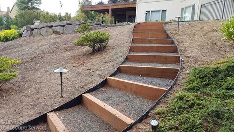 Landscaping A Slope, Sloped Backyard Landscaping, Landscape Stairs, Landscape Steps, Sloped Yard, Hillside Garden, Sloped Backyard, Landscaping Retaining Walls, Garden Stairs