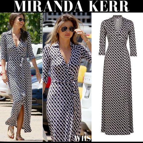 Miranda Kerr in black and white print wrap maxi dress and aviator sunglasses #mirandakerr #fashion #style #streetstyle #chic #dvf #wrap #dress #monochrome #spring Chic Maxi Dresses With Wrap-around Straps, Black Floral Wrap Dress, Dvf Wrap Dress Street Style, Dvf Wrap Dress Outfit, Miranda Kerr Outfits, Dvf Dress, Wraparound Dress, Wrap Dress Outfit, Wrap Dress Dvf