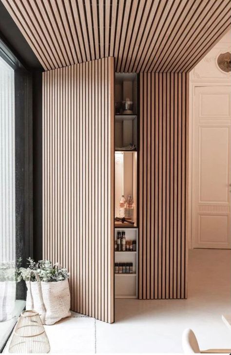 Slat Cabinet Doors, Wood Slat Door, Home Proposal, Pediatric Dental Office Design, Appliance Closet, Shoes Room, Pediatric Dental Office, Fitting Rooms, Hidden Cabinet