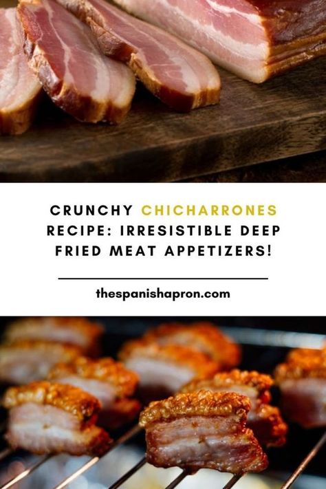 Satisfy your cravings with our delectable chicharrones recipe! These crispy, deep-fried meat appetizers are a flavor-packed delight that'll have you coming back for more. Learn how to create these Spanish-inspired chicharrones from braised pork belly, resulting in the ultimate crunchy perfection. Elevate your snack game with this authentic chicharrones recipe. Ready to Crunch? Try the Recipe Now and Delight Your Senses! 👉Try the Recipe Now! #Chicharrones #MeatAppetizers #SpanishRecipes Chicharrones Recipe, Spanish Tapas Recipes, Fried Bacon, Spanish Appetizers, Braised Pork Belly, Pork Belly Recipes, Tapas Recipes, Game Snacks, Meat Appetizers